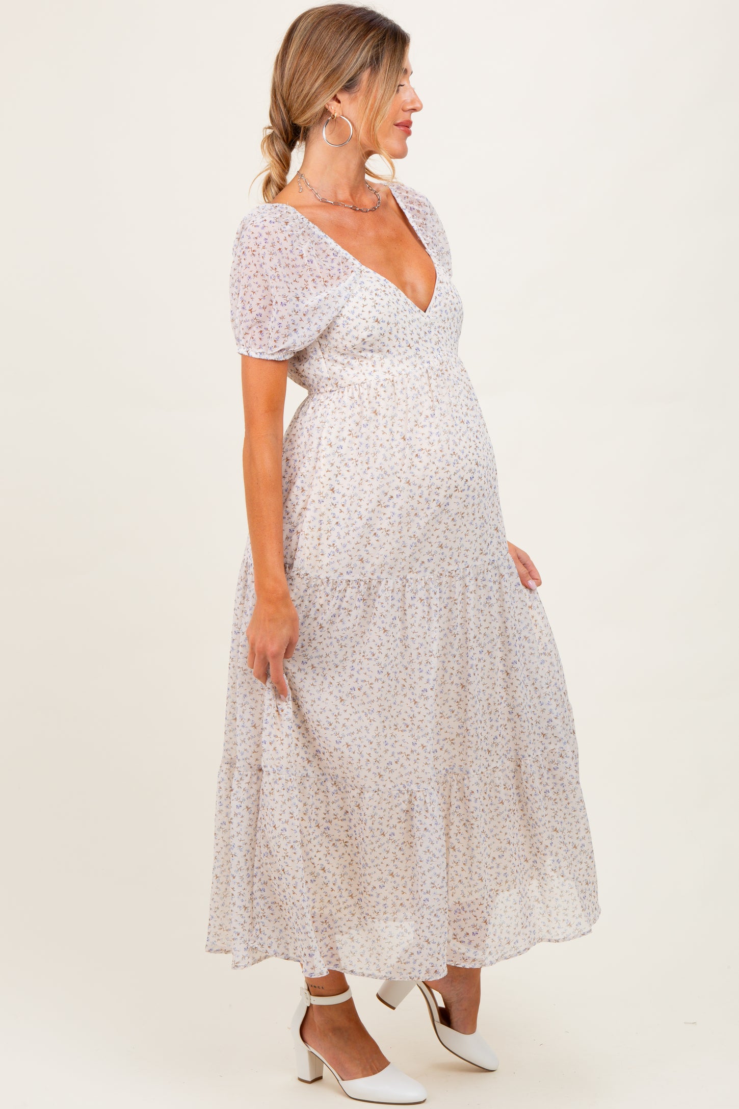 Cream Floral Chiffon Tiered Maternity Maxi Dress