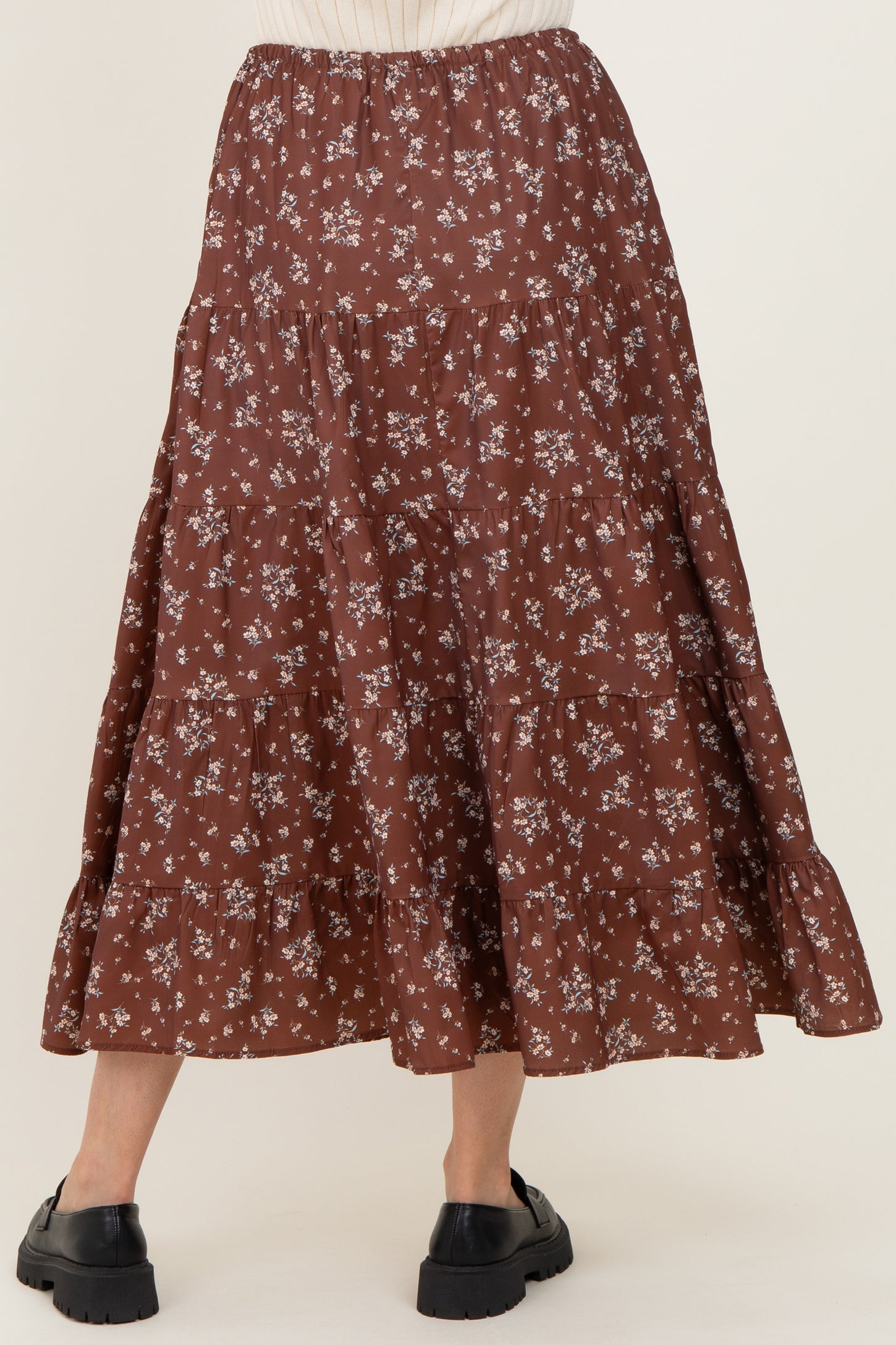 Brown Floral Tiered Maxi Skirt
