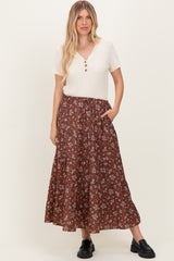 Brown Floral Tiered Maxi Skirt