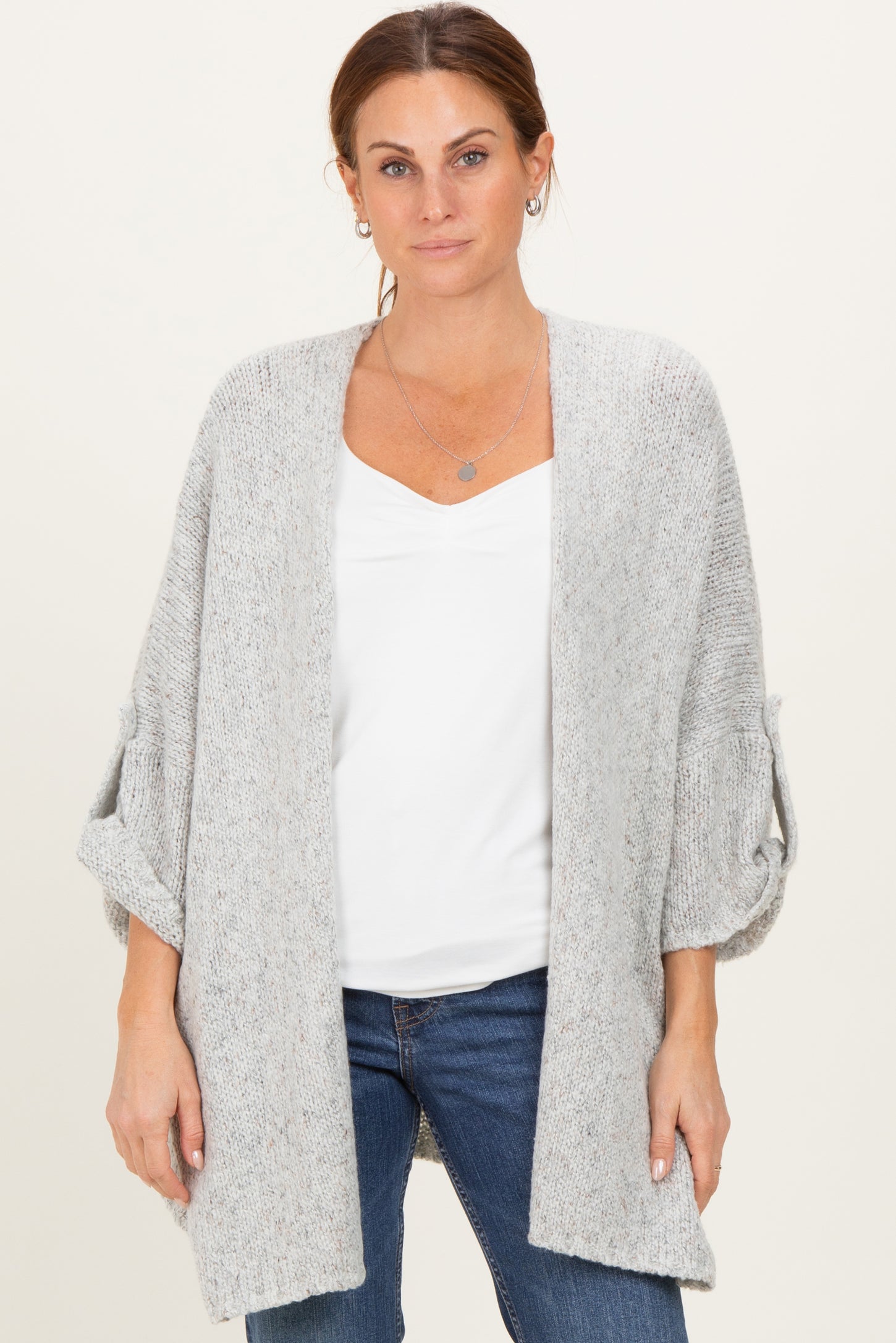 Heather Grey Oversized Cuffed Sleeve Maternity Cardigan