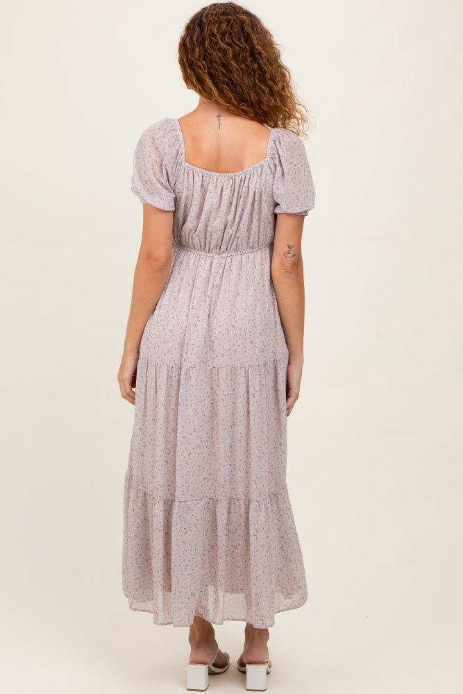 Light Taupe Floral Chiffon Tiered Maxi Dress
