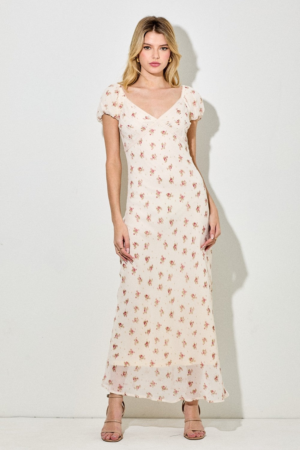 Cream Floral Chiffon Maxi Dress
