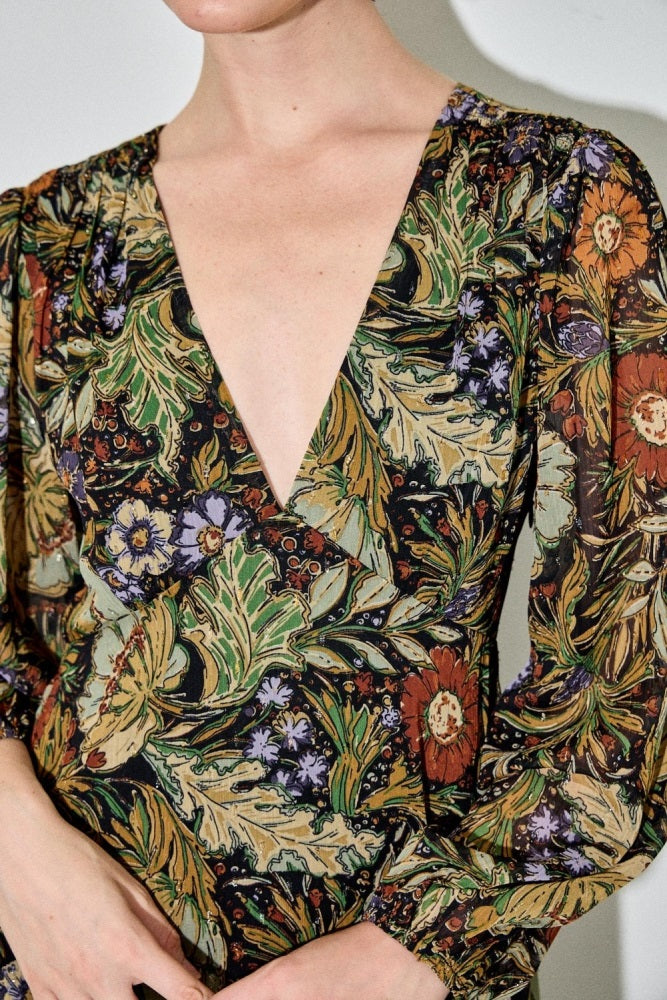 Black Floral Chiffon V-Neck Long Sleeve Maxi Dress