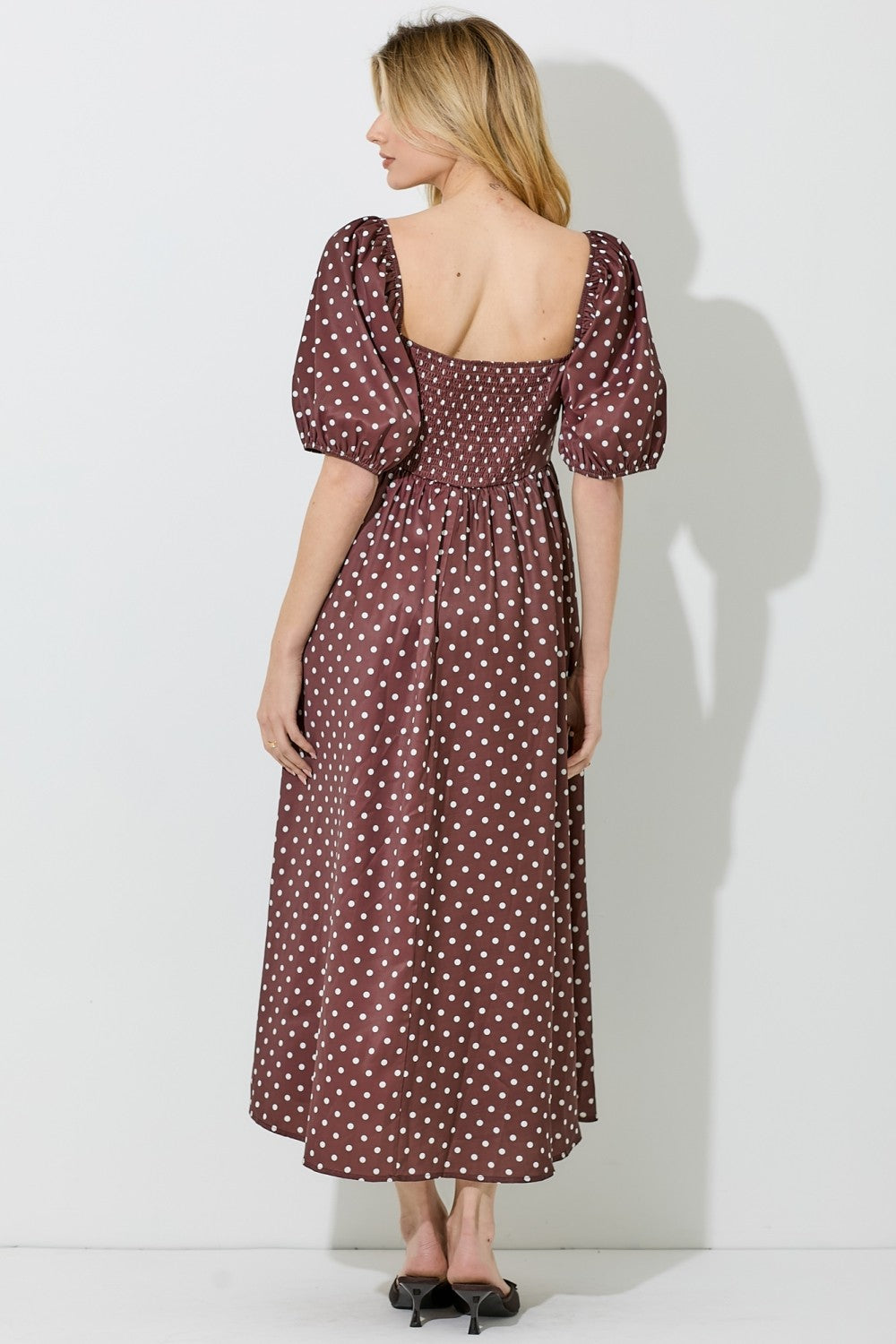 Brown Polka Dot Square Neck Midi Dress