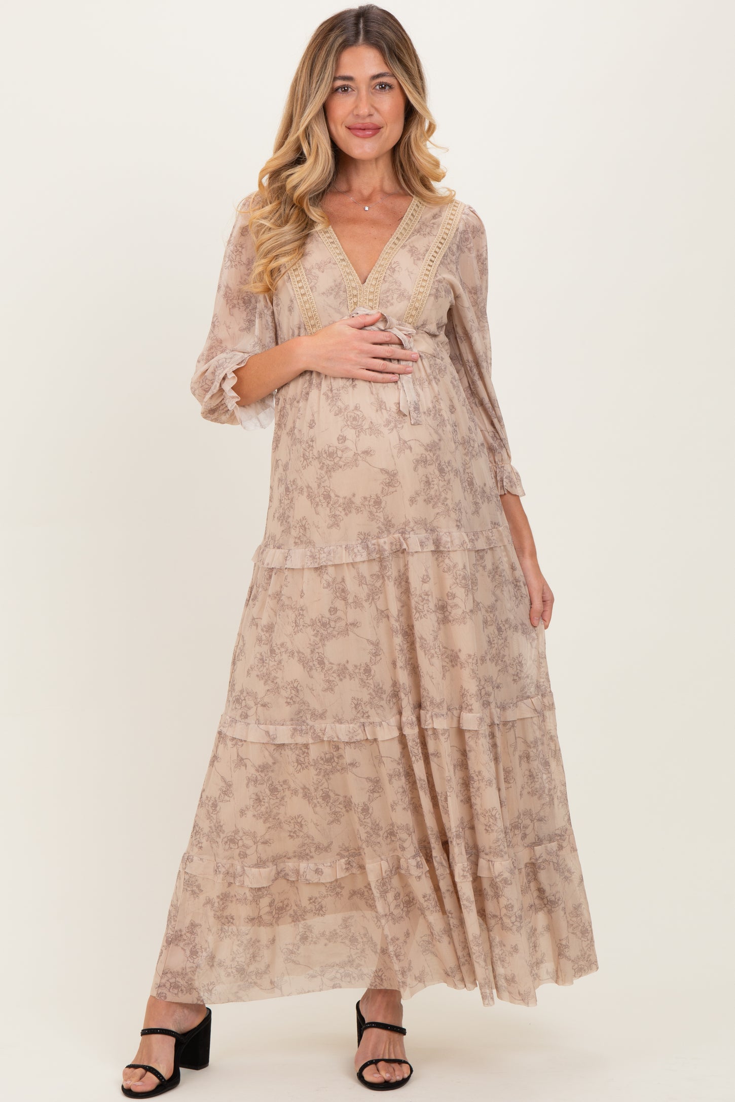 Camel Floral Mesh Overlay Lace Trim Maternity Maxi Dress