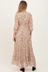 Camel Floral Mesh Overlay Lace Trim Maternity Maxi Dress