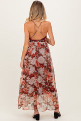 Burgundy Floral Deep V-Neck Open Back Maternity Maxi Dress