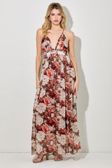 Burgundy Floral Deep V-Neck Open Back Maternity Maxi Dress