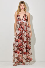 Burgundy Floral Deep V-Neck Open Back Maternity Maxi Dress