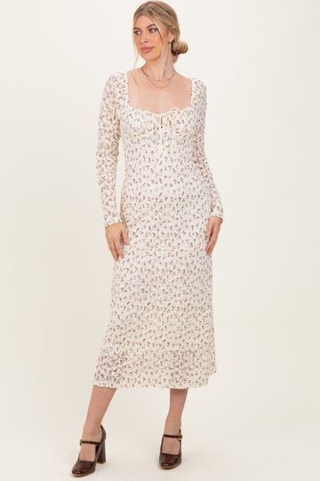 Cream Floral Sweetheart Neckline Long Sleeve Maxi Dress