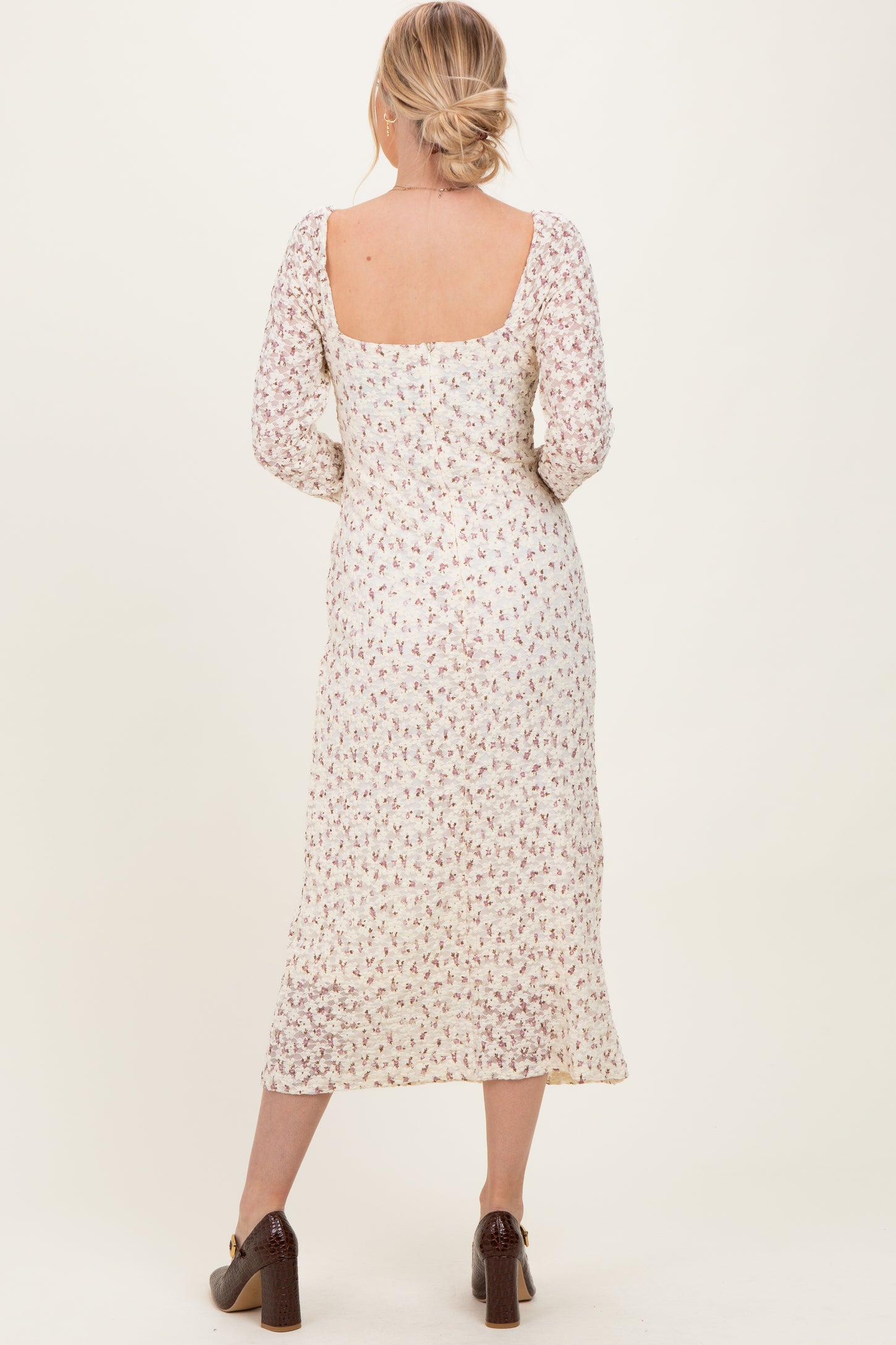 Cream Floral Sweetheart Neckline Long Sleeve Maxi Dress