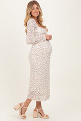 Cream Floral Sweetheart Neckline Long Sleeve Maternity Maxi Dress