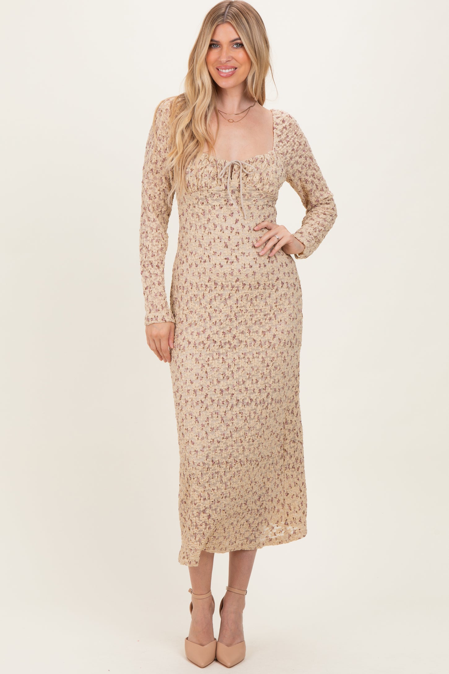 Beige Floral Sweetheart Neckline Long Sleeve Maxi Dress