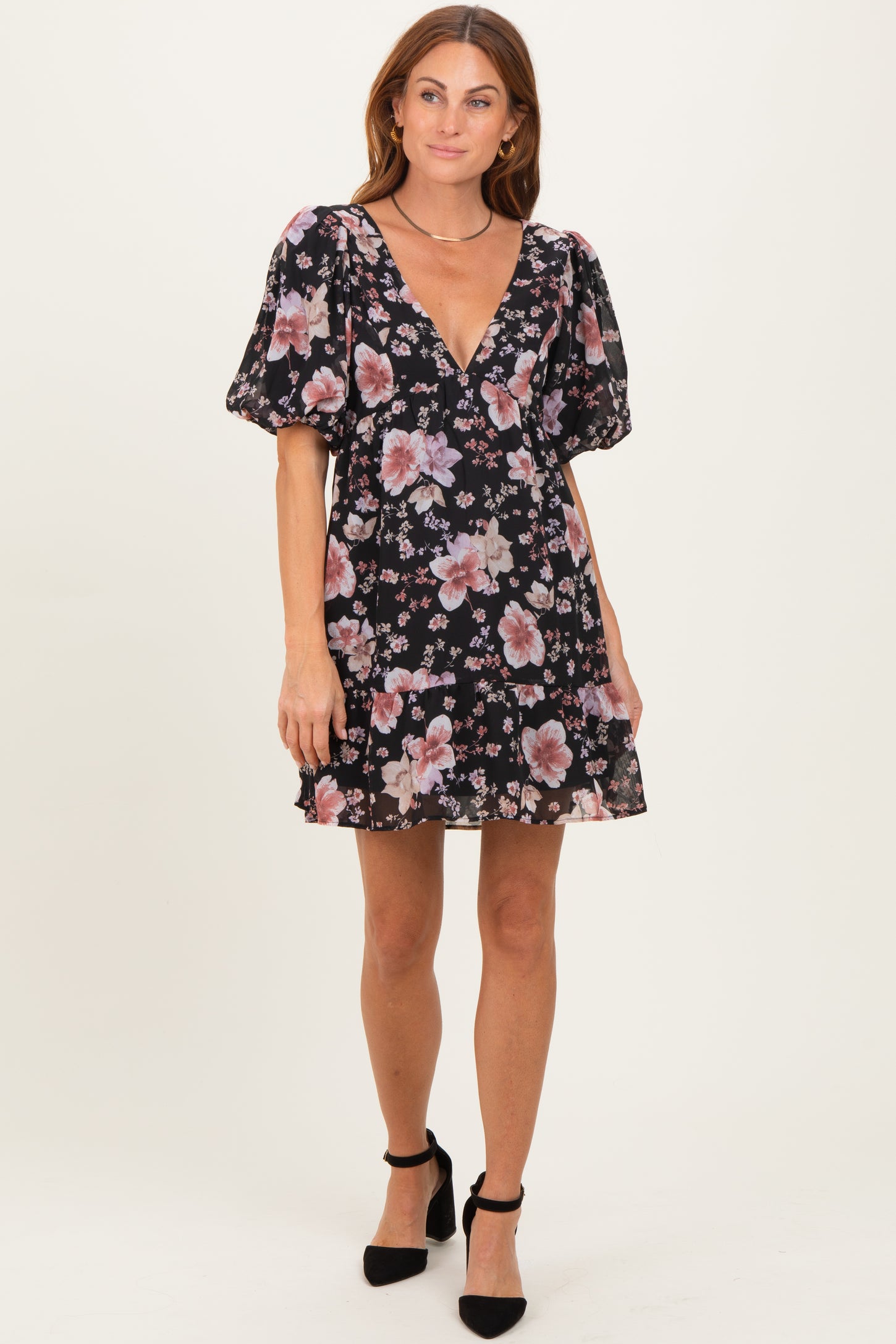 Black Floral V-Neck Puffed Sleeve Mini Dress