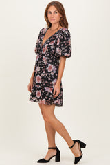 Black Floral V-Neck Puffed Sleeve Mini Dress