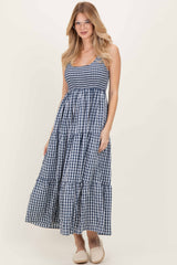 Blue Gingham Sleeveless Tiered Maxi Dress