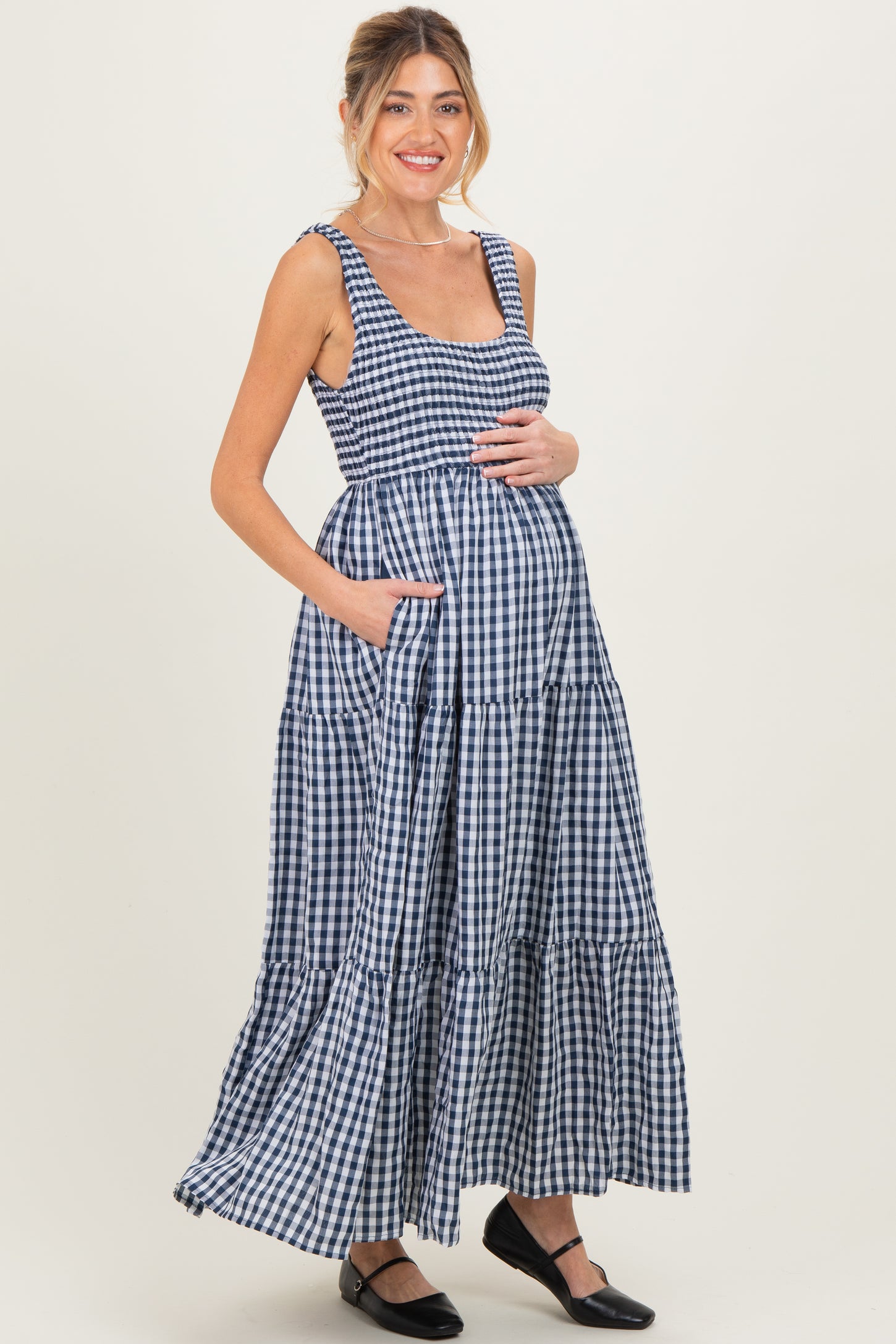 Blue Gingham Sleeveless Tiered Maternity Maxi Dress