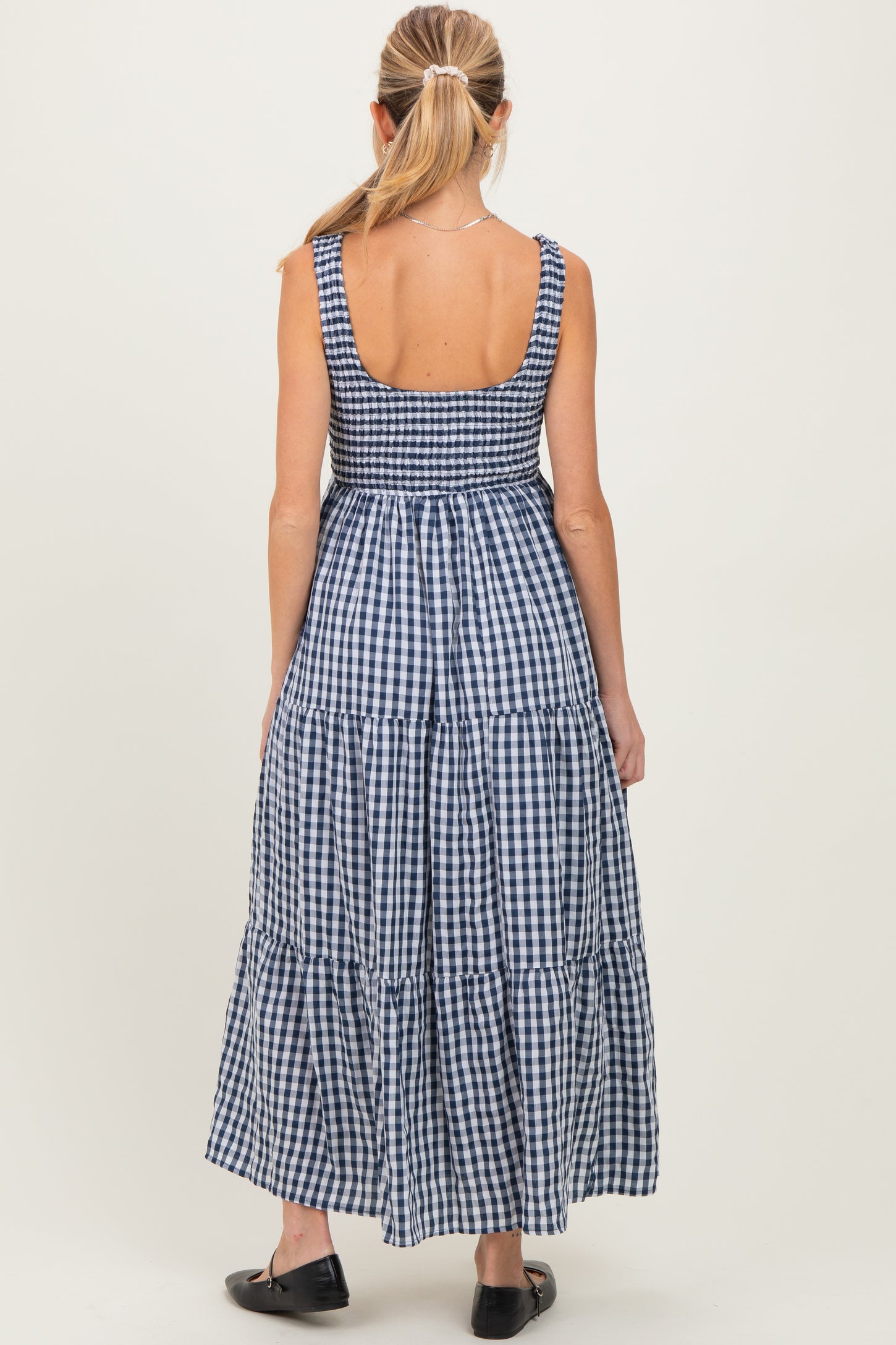 Blue Gingham Sleeveless Tiered Maternity Maxi Dress