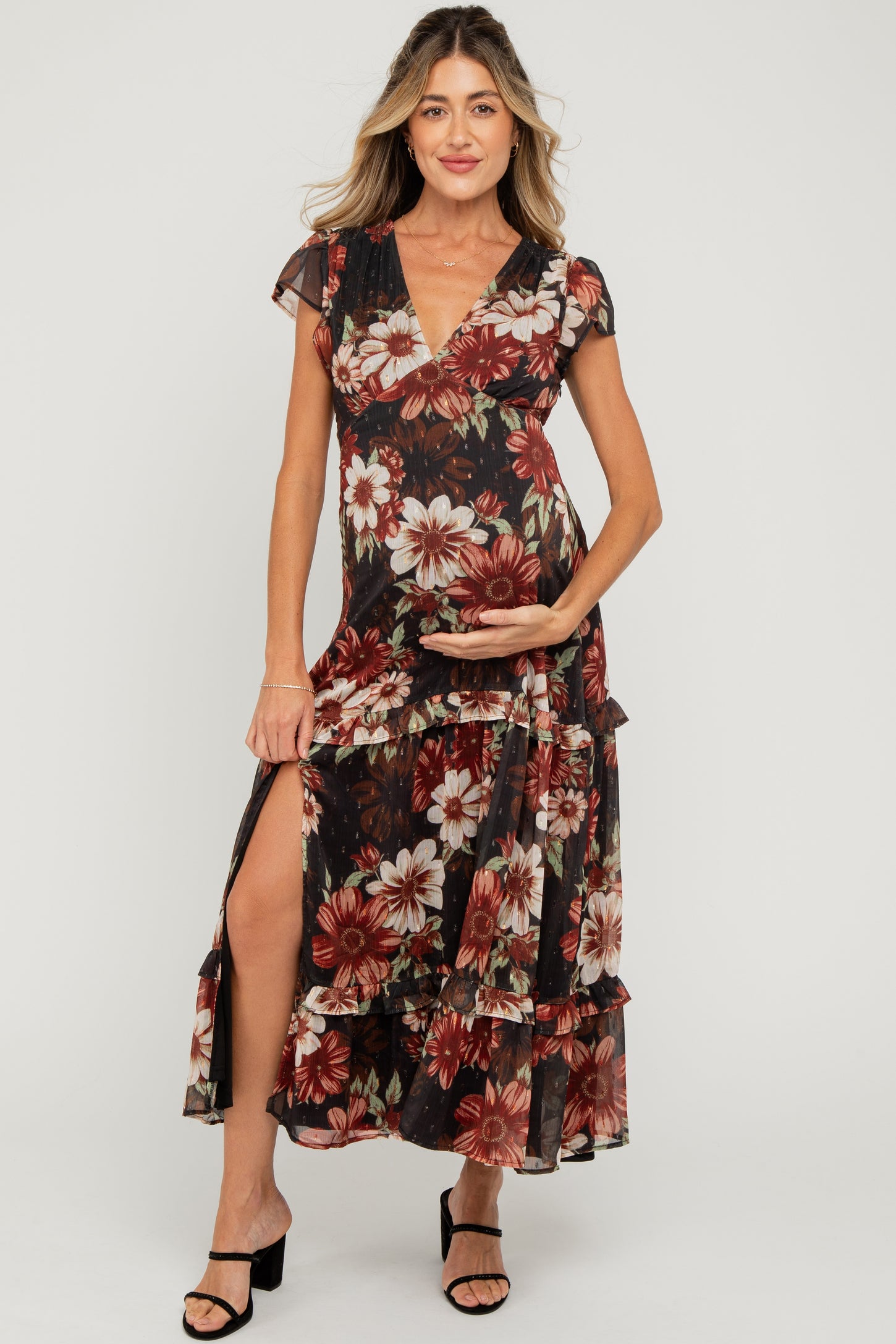 Black Floral Chiffon V-Neck Maternity Maxi Dress