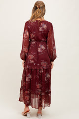 Burgundy Floral Chiffon V-Neck Long Sleeve Maternity Maxi Dress