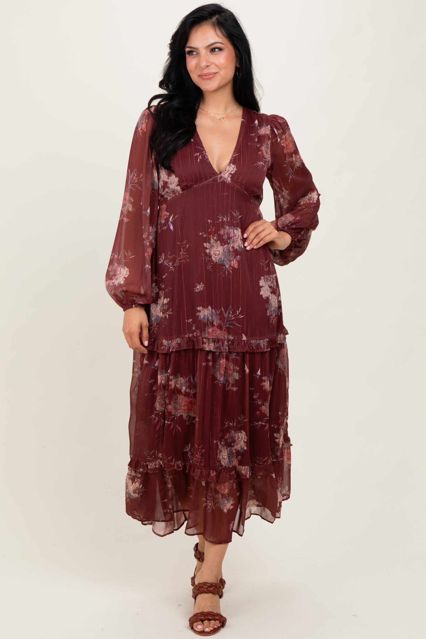 Burgundy Floral Chiffon V-Neck Long Sleeve Maxi Dress