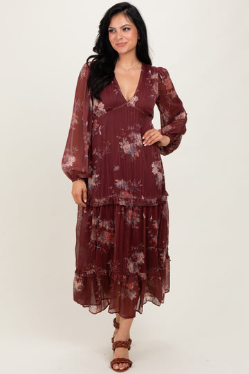 Burgundy Floral Chiffon V-Neck Long Sleeve Maxi Dress