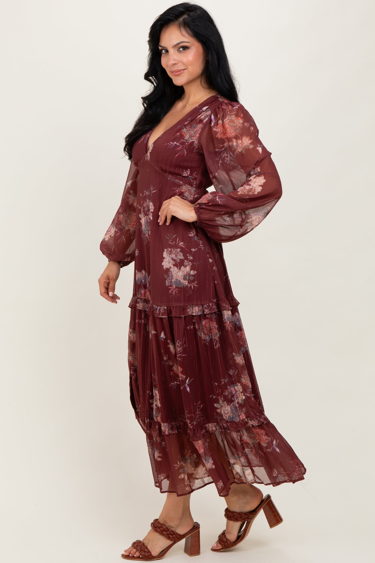 Burgundy Floral Chiffon V-Neck Long Sleeve Maxi Dress