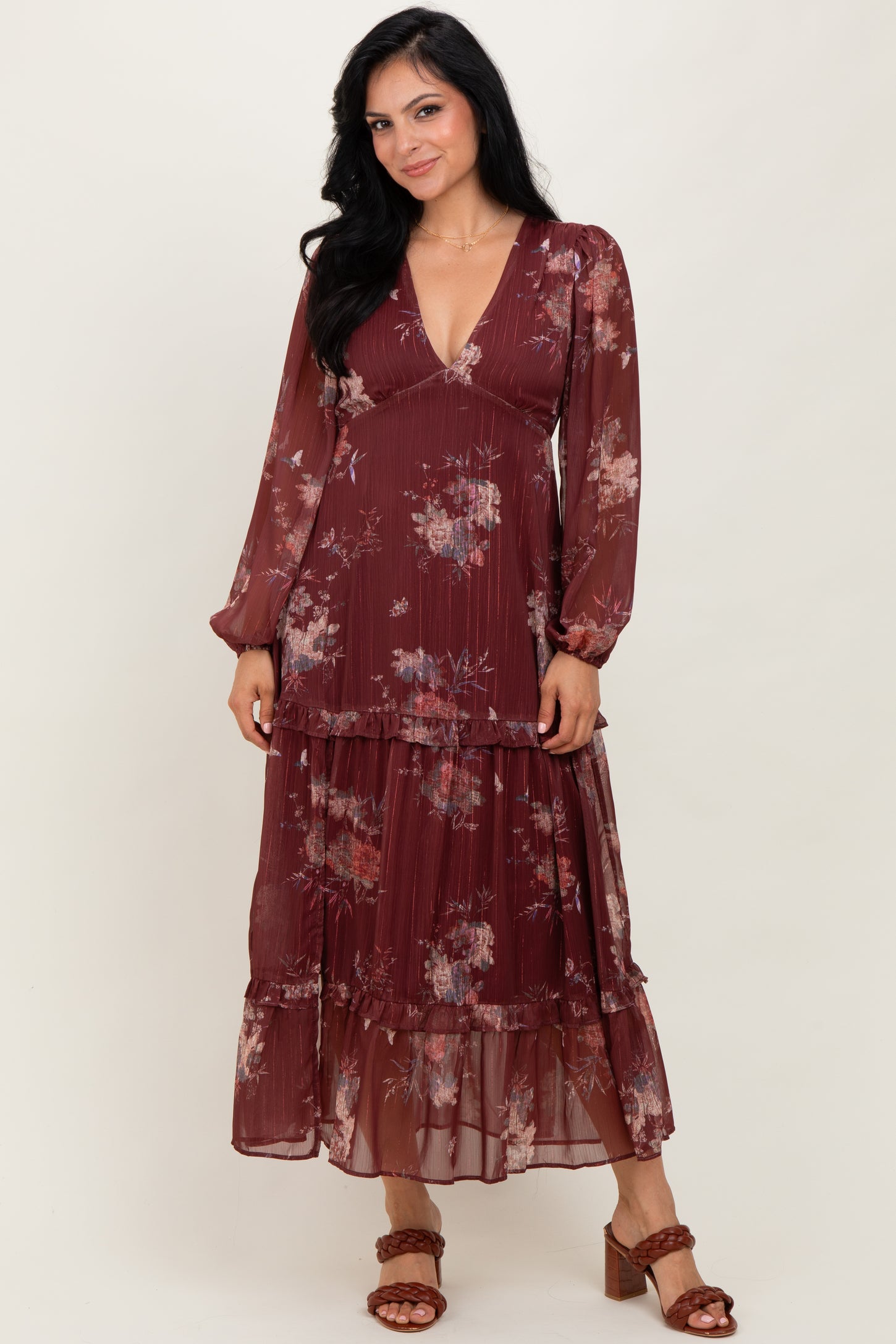 Burgundy Floral Chiffon V-Neck Long Sleeve Maternity Maxi Dress