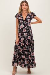 Black Floral V-Neck Side Silt Maternity Maxi Dress