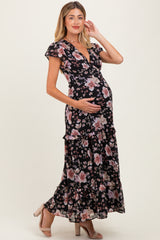 Black Floral V-Neck Side Silt Maternity Maxi Dress