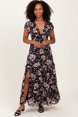 Black Floral V-Neck Side Silt Maxi Dress
