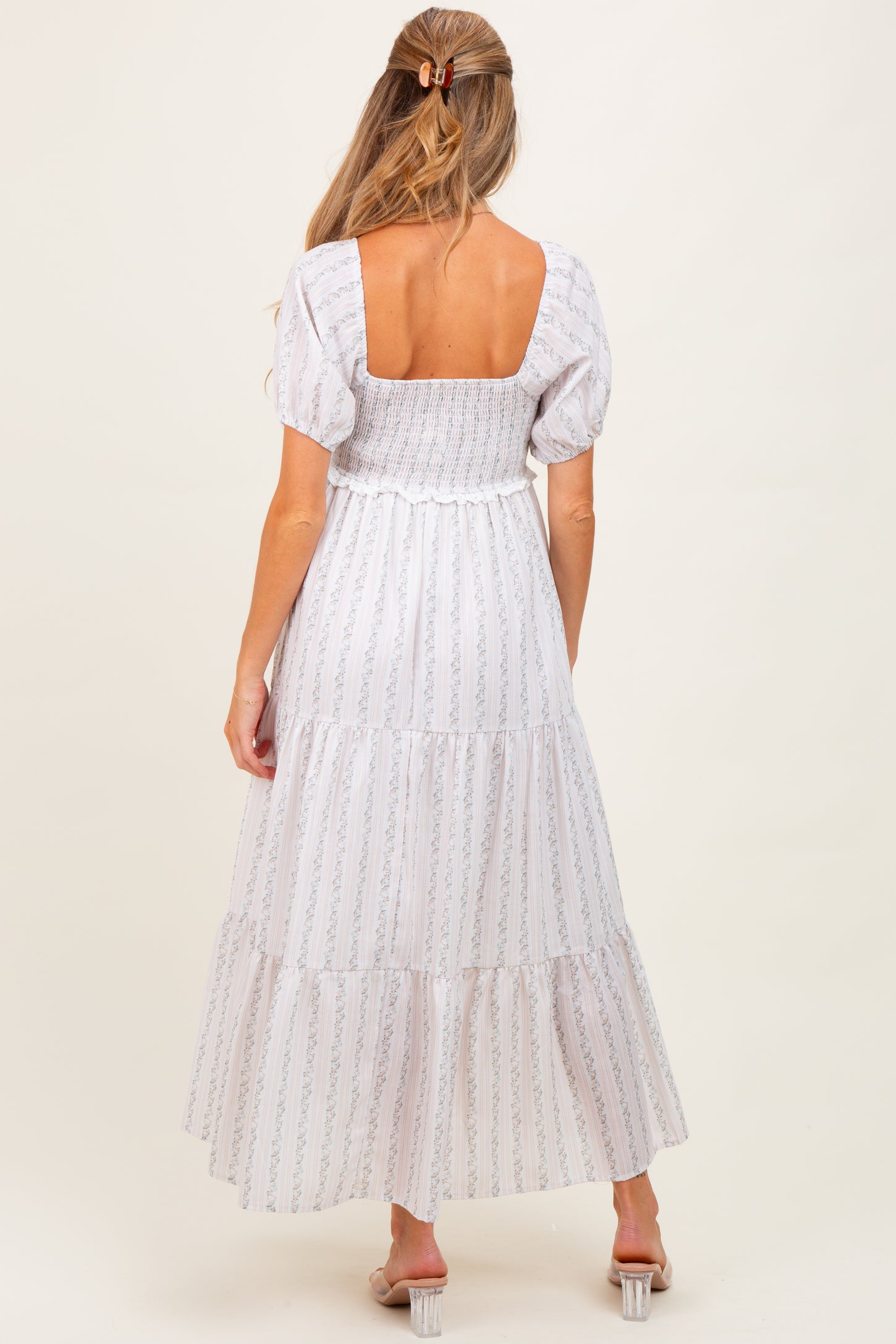 Ivory Floral Stripe Tiered Maternity Maxi Dress