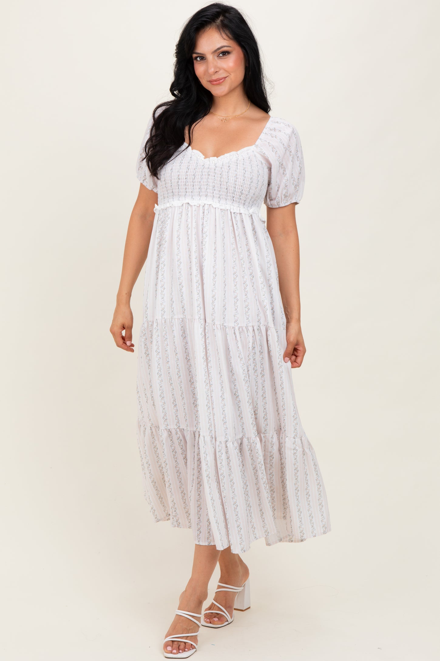 Ivory Floral Stripe Tiered Maxi Dress