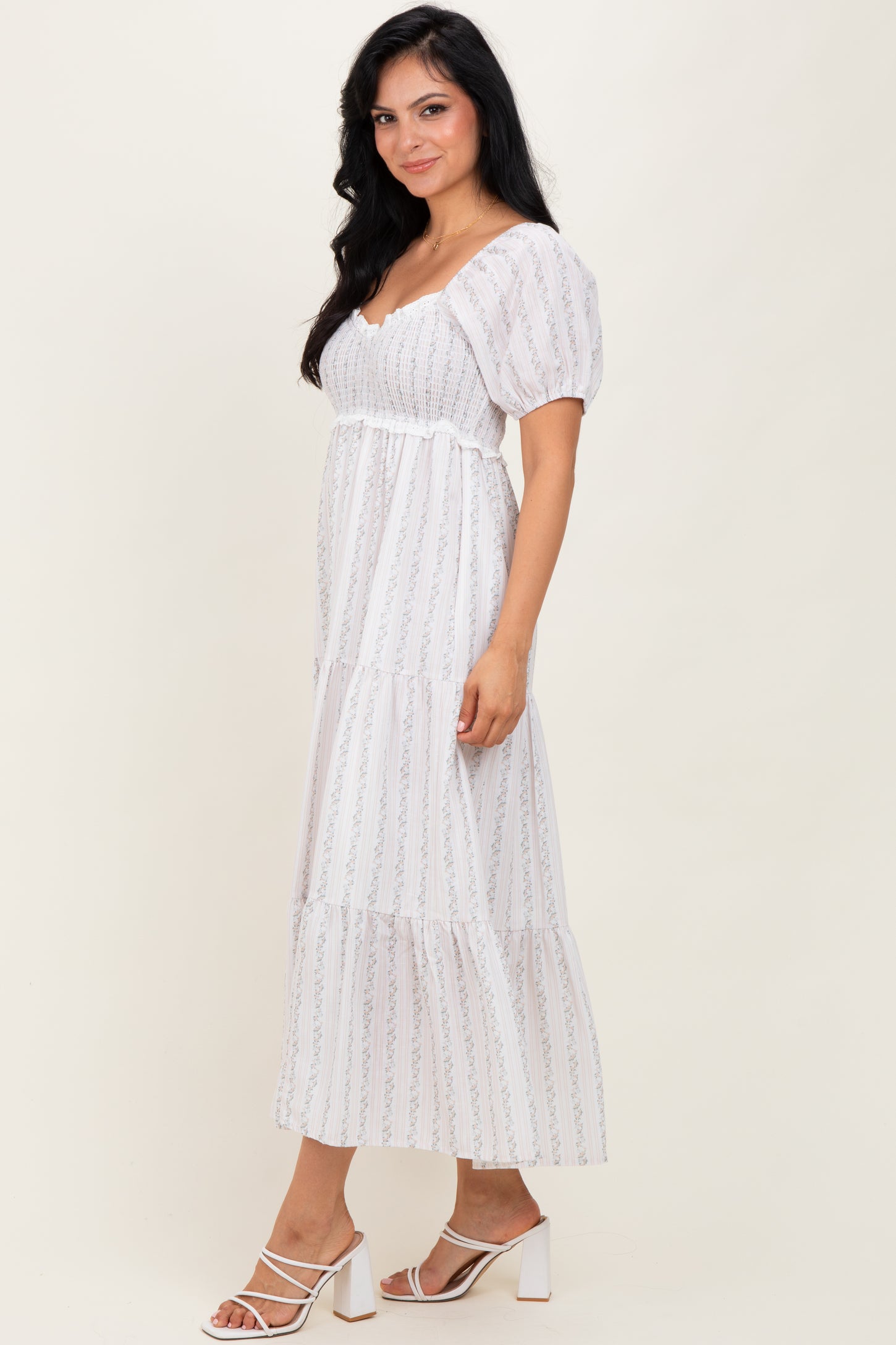 Ivory Floral Stripe Tiered Maxi Dress