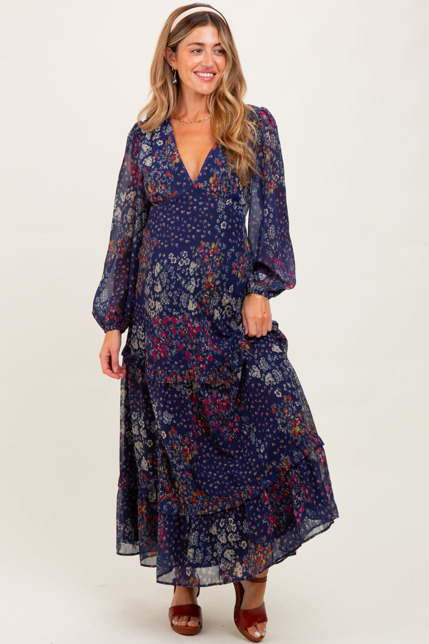 Navy Floral Chiffon V-Neck Long Sleeve Maternity Maxi Dress