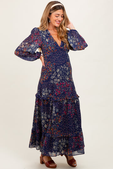 Navy Floral Chiffon V-Neck Long Sleeve Maternity Maxi Dress