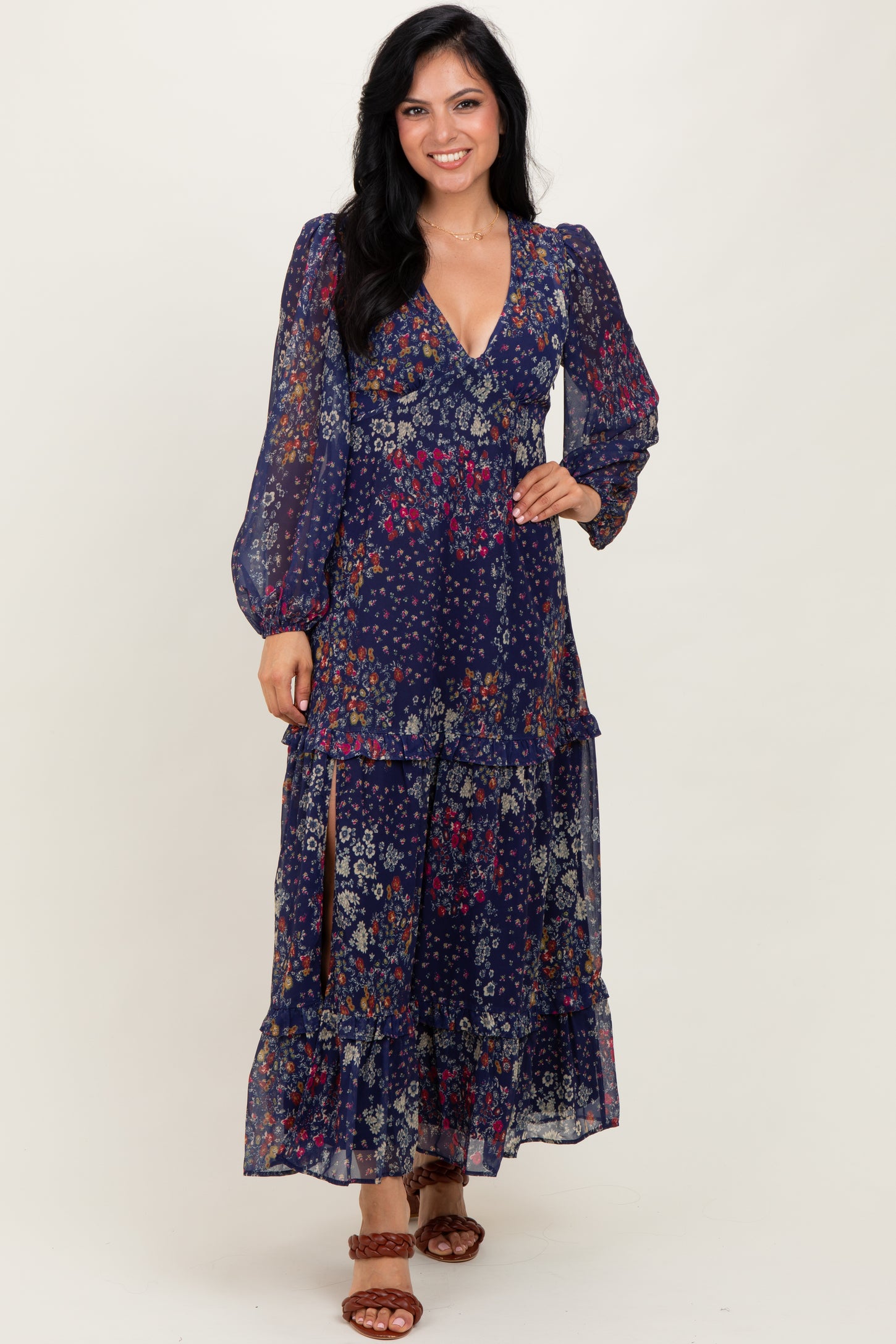 Navy Floral Chiffon V-Neck Long Sleeve Maxi Dress