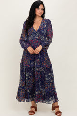 Navy Floral Chiffon V-Neck Long Sleeve Maxi Dress
