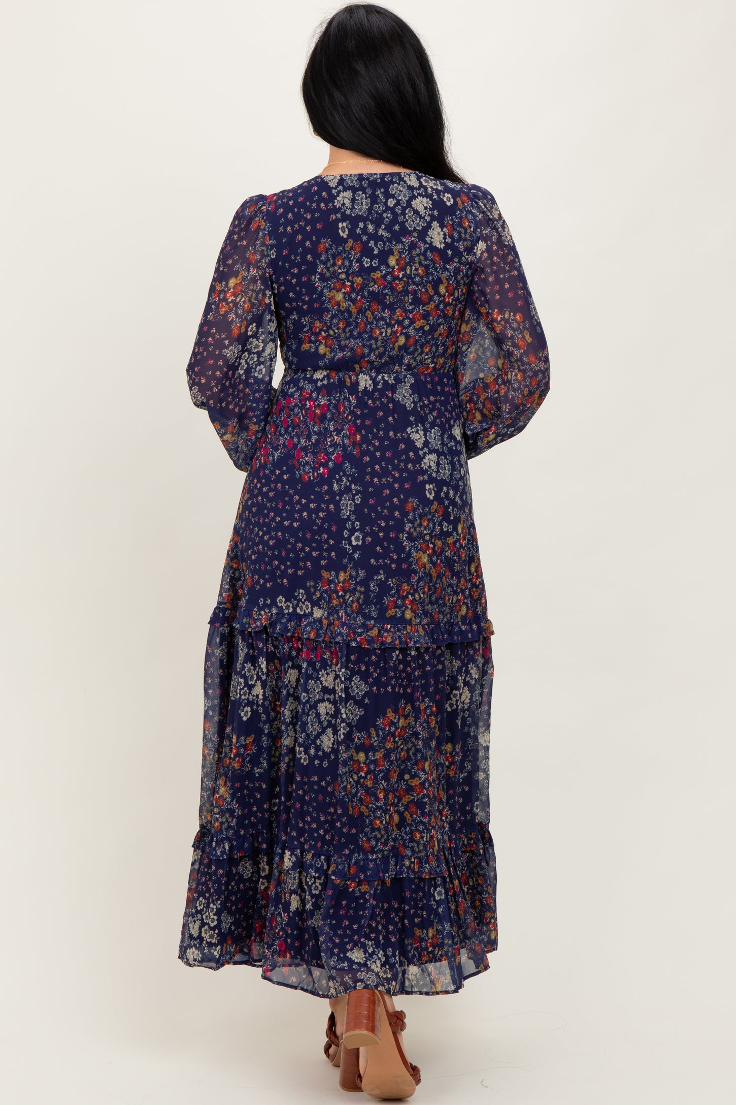 Navy Floral Chiffon V-Neck Long Sleeve Maxi Dress