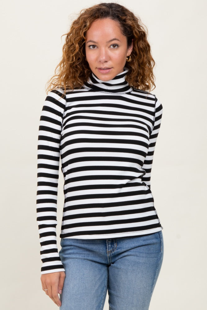 Black Striped Turtleneck Maternity Long Sleeve Top