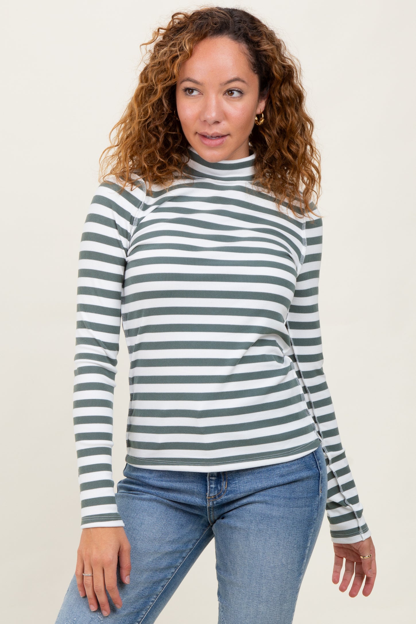 Olive Striped Turtleneck Maternity Long Sleeve Top