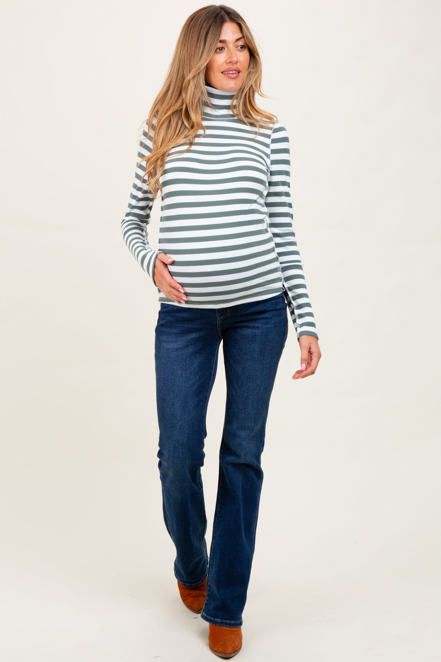 Olive Striped Turtleneck Maternity Long Sleeve Top