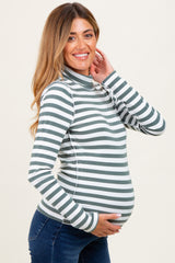 Olive Striped Turtleneck Maternity Long Sleeve Top
