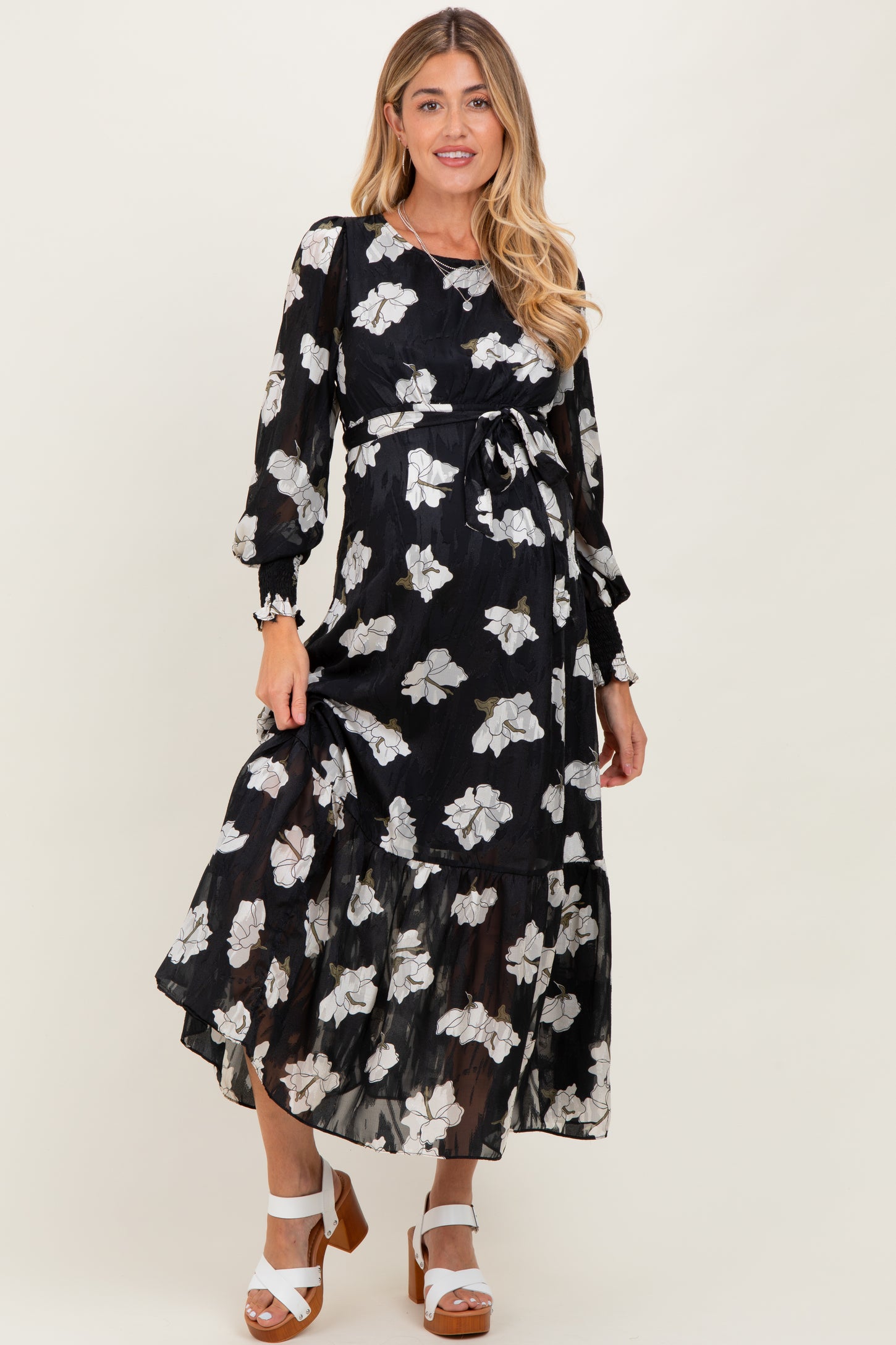 Black Floral Textured Bubble Sleeve Maternity Midi Dress