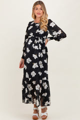 Black Floral Textured Bubble Sleeve Maternity Midi Dress