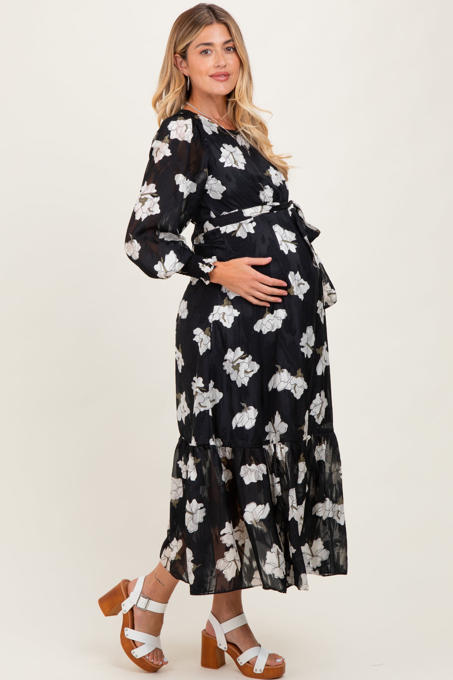 Black Floral Textured Bubble Sleeve Maternity Midi Dress