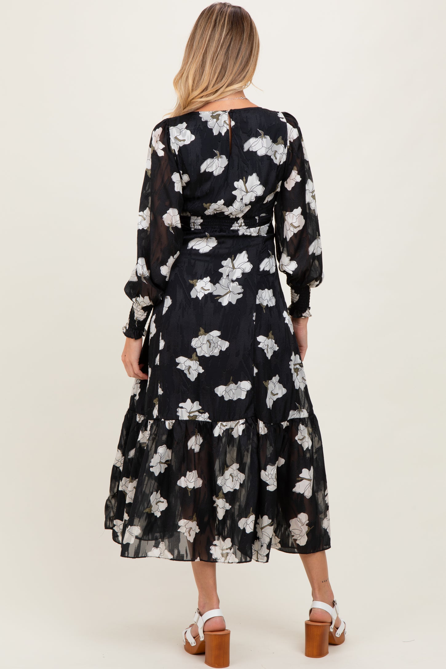 Black Floral Textured Bubble Sleeve Maternity Midi Dress