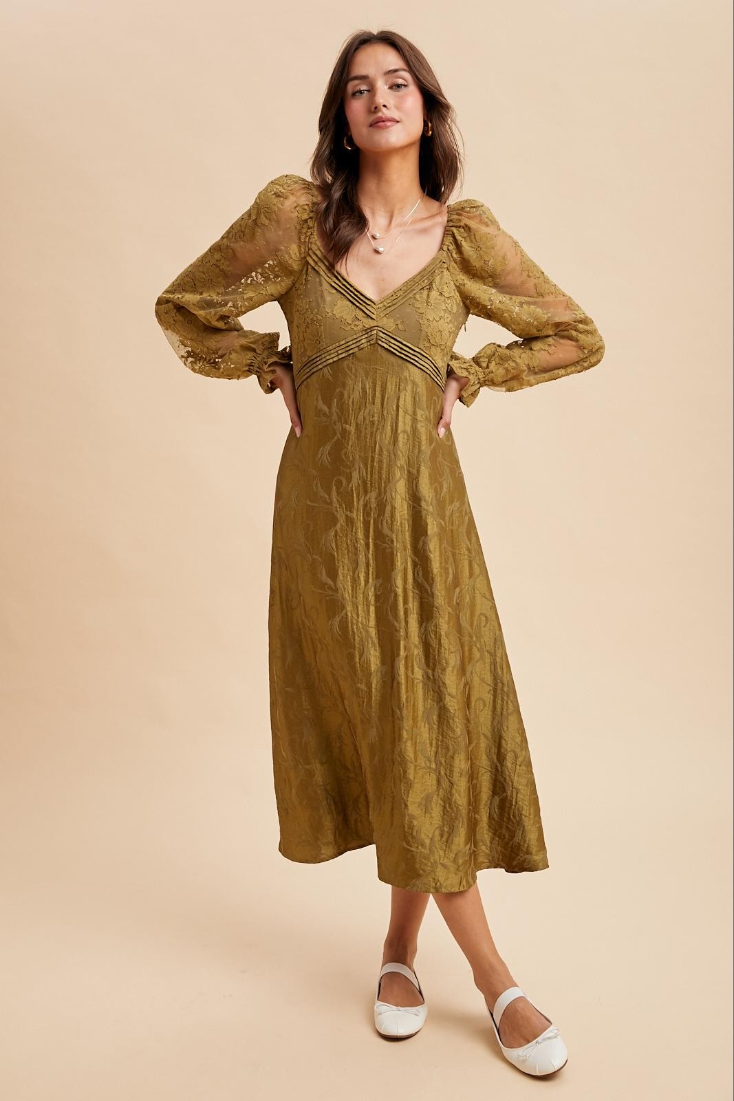 Olive Lace Jacquard Long Sleeve Midi Dress
