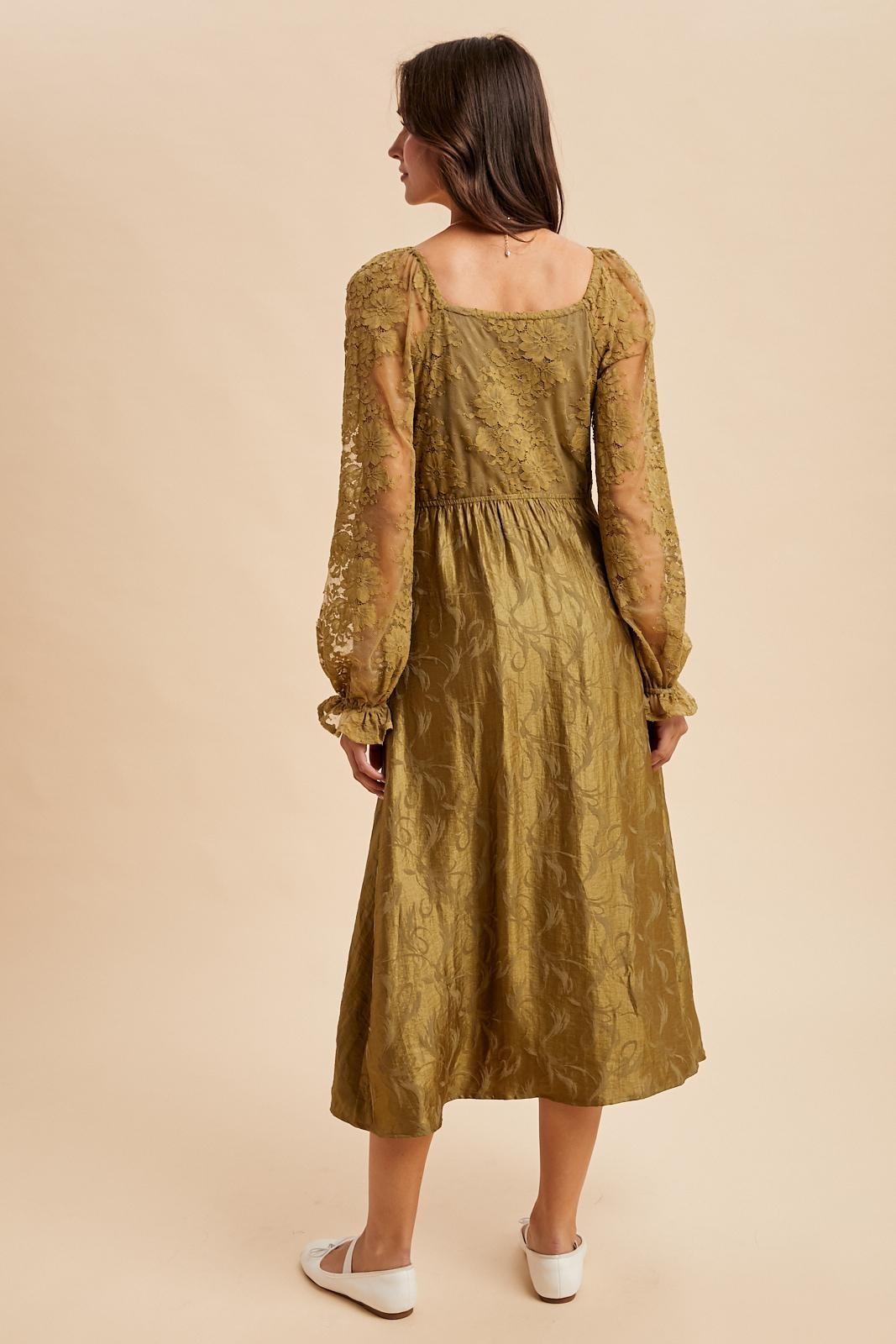 Olive Lace Jacquard Long Sleeve Midi Dress