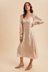 Cream Lace Jacquard Long Sleeve Midi Dress